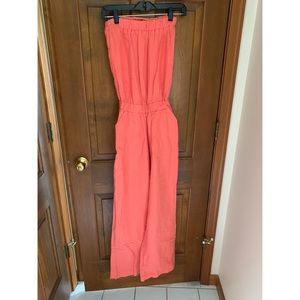 Coral linen strapless jumpsuit